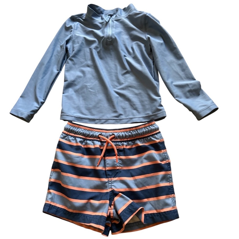 Carters Boys Rashguard Swim Set 3T Blue Zip Top Stripe Shorts w/ Lined Trunks